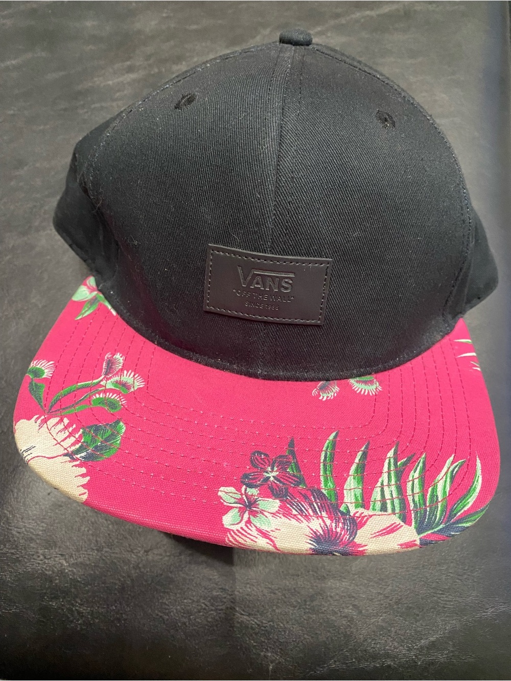 Vans Off The Wall Black Snapback Hat with Hot Pink Floral Brim